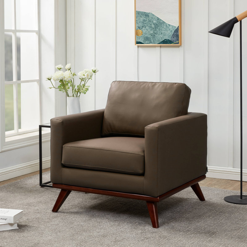 Khadeshia Mid-Century Modern Leather Accent Chair, Solid Birch Wood Armchair with Dual-Spring Cushions & 300 lb Capacity