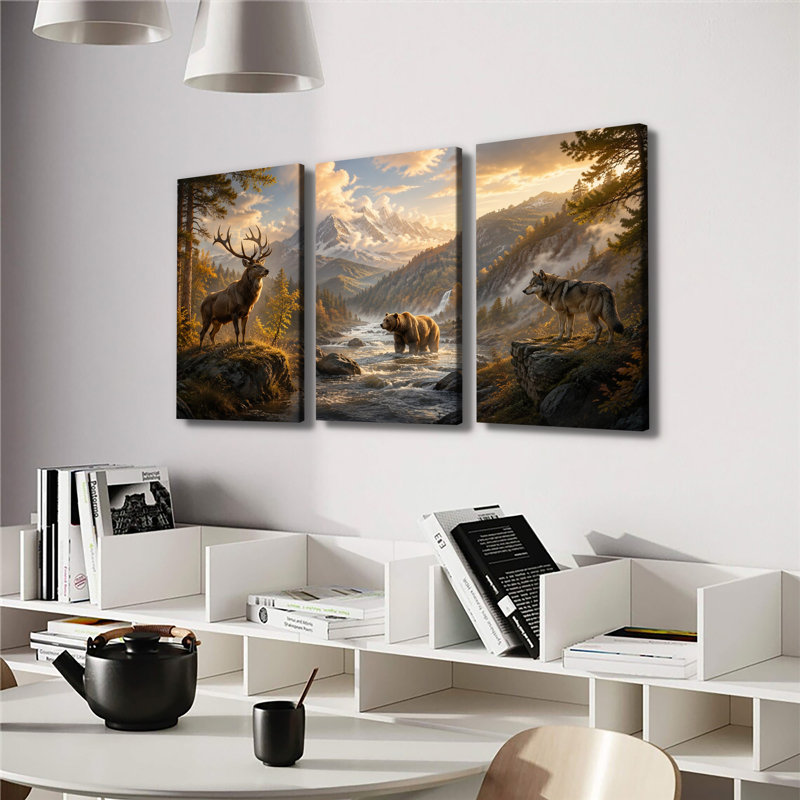 «Stag Brown Bear Wolf Snow Mountain River Autumn Forest», impression sur toile tendue 3 pièces, H 12 po x l 24 po x P 1 po