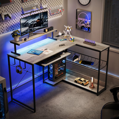 46.5" L Shaped Gaming Desk with LED Lights & Power Outlets, 22.4" Keyboard Tray, Storage Shelves and Monitor Stand for Home Office