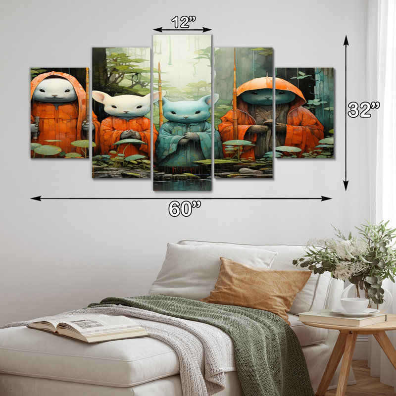 Japon Art Guardian Jizos III - Art mural japonais sur toile - 5 panneaux