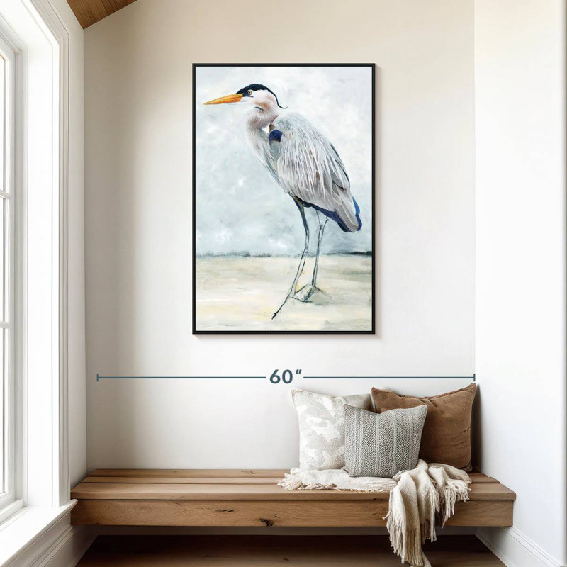 Héron bleu plage I, Cadre flottant noir, 29 po x 43 po