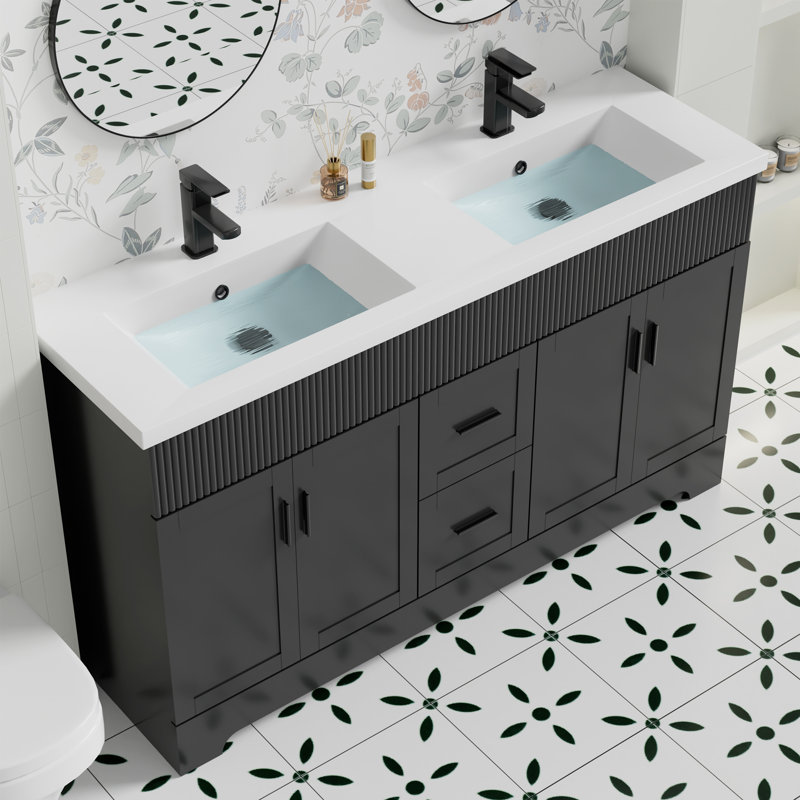 Lavabo de salle de bain 48 po à double cuve avec 2 robinets à un trou, trop-plein, bonde escamotable
