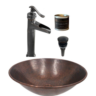 Lavabo vasque rond en cuivre brossé 14 ", ensemble de robinet et cire inclus