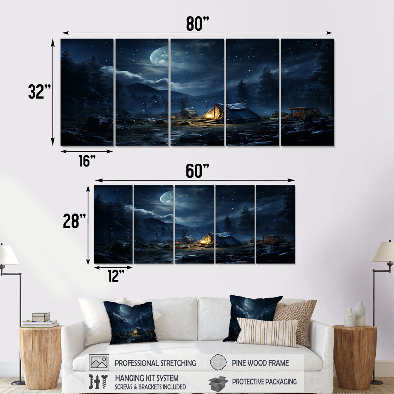 «Starlit Camping In Canada II - Camping Travel», toile d'art 5 pièces, H 32 po x l 80 po