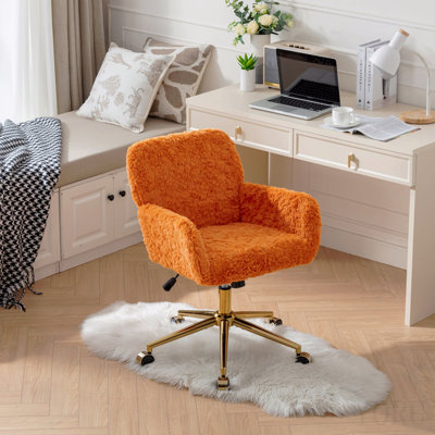 Office Chair, Artificial Rabbit Hair Home Office Chair With Golden Metal Base, Adjustable Desk Chair Swivel Office Chair, Vanity Chair (Orange)