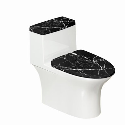 MarbleFlex Bathroom Lid & Tank Cover Set - Stretchable, Machine Washable, Black Marble Design for Home Bathroom Decoration