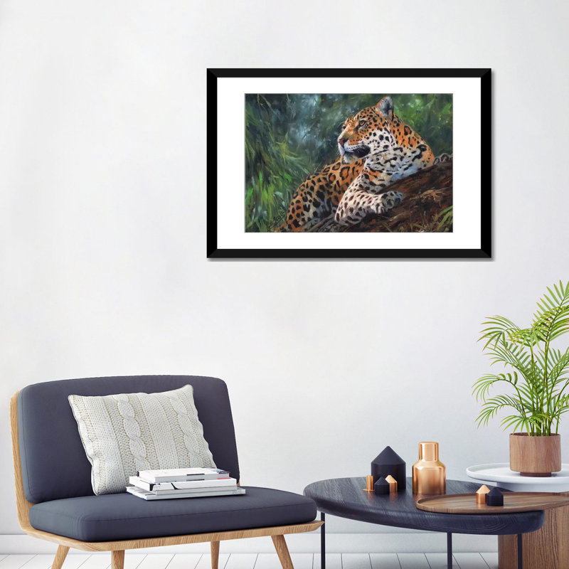 «Jaguar in Tree», impression sur toile, H 24 po x l 32 po x P 1 po, Papier d'art encadré noir, Blanc