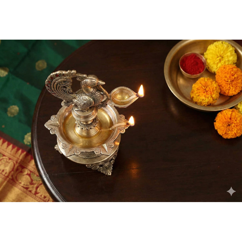 Handmade 14-Inch Southern Peacock Lamp in Brass – Seven-Wick Hoysala Style Diya, Majestic Hindu Ritual & Decorative Lighting
