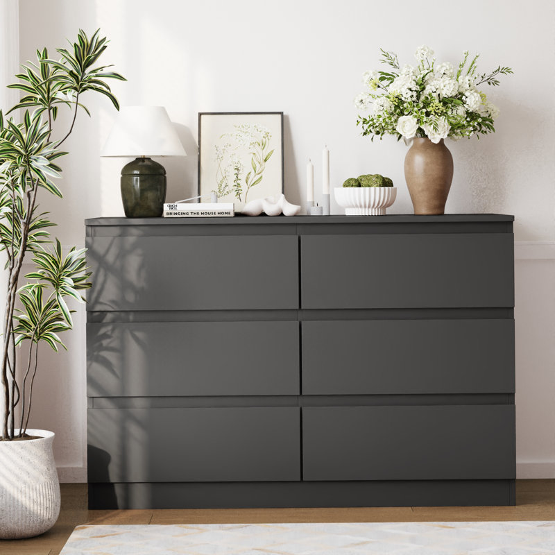 47.2" Wide Modern Wood Dresser With 6 Drawers, Black