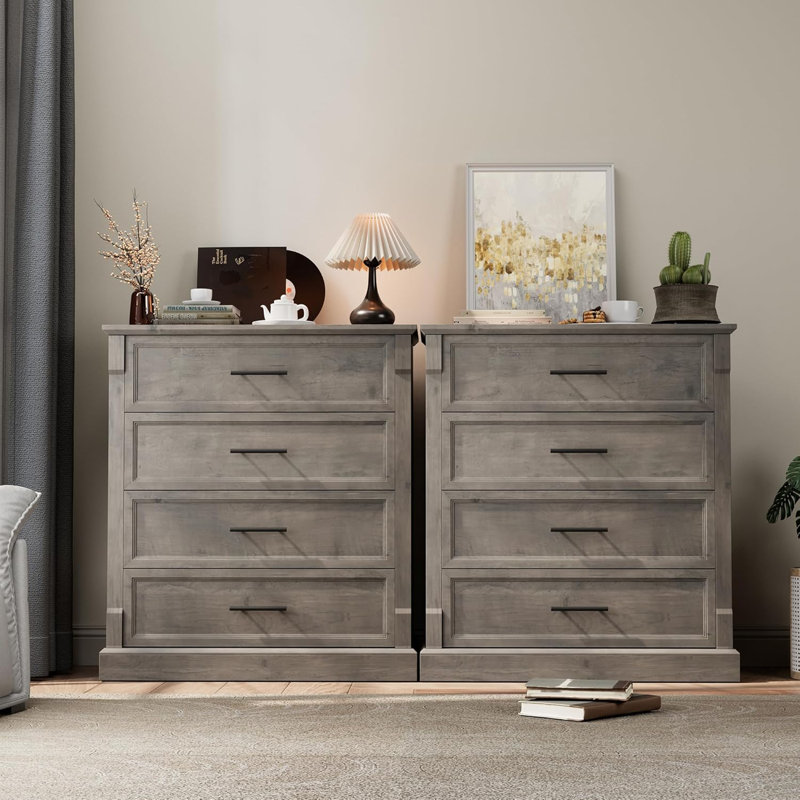 Farmhouse 4 Drawer Dresser for Bedroom Tall Chest of Drawers with Metal Handles Rustic Wooden Dresser TV Stand for Living Room Hallway Grey