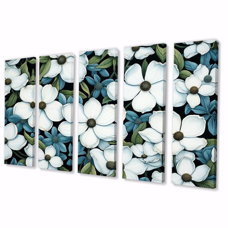 Tranquil White Dogwood Flowers I - Cornouiller, art mural 5 pièces, H 28 po x l 60 po