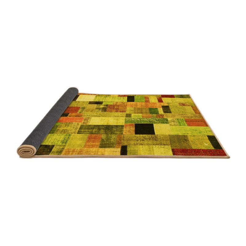 Tapis géométrique en laine / polyester tissé à la machine en jaune / orange / vert, Carré 8 pi