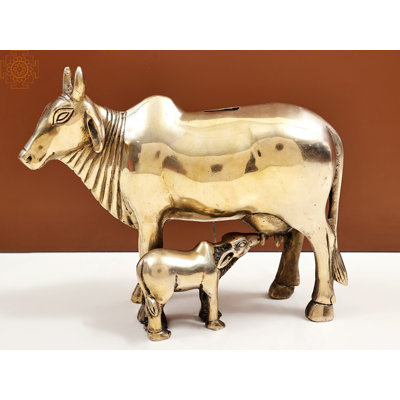 9" Brass Cow and Calf Money Bank – Handcrafted Traditional Indian Decorative Savings Bank for Home Decor