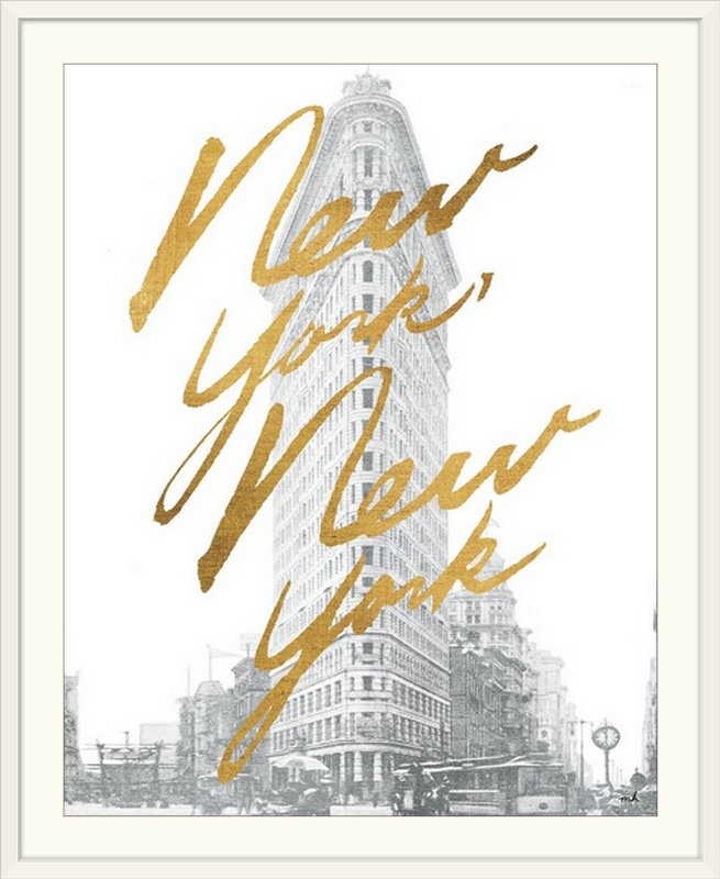 «Gilded New York» par Moira Hershey - impression d'art textuel, H 23 po x l 20 po x P 1 po, Cadre blanc