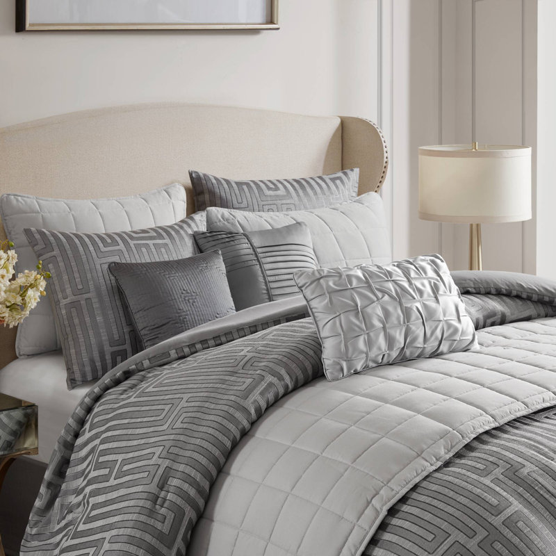 Ensemble d'édredon 10 pièces Royce Luxury Jacquard, Gris, Édredon grand et 9 pièces supplémentaires