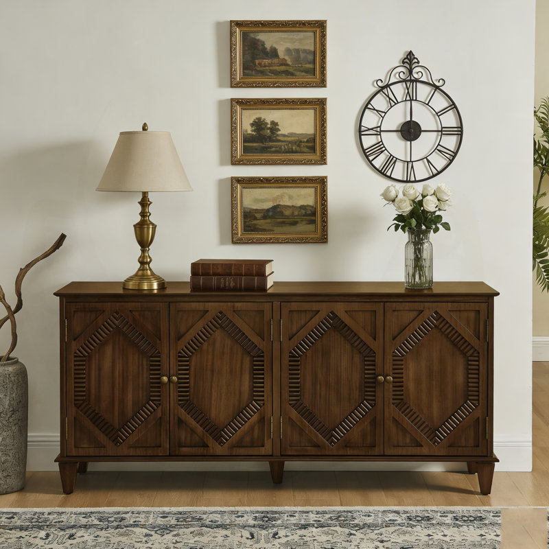 Rosalind 65.2" Mid Century Modern Sideboard With 4 Hand-Carved Doors, Walnut