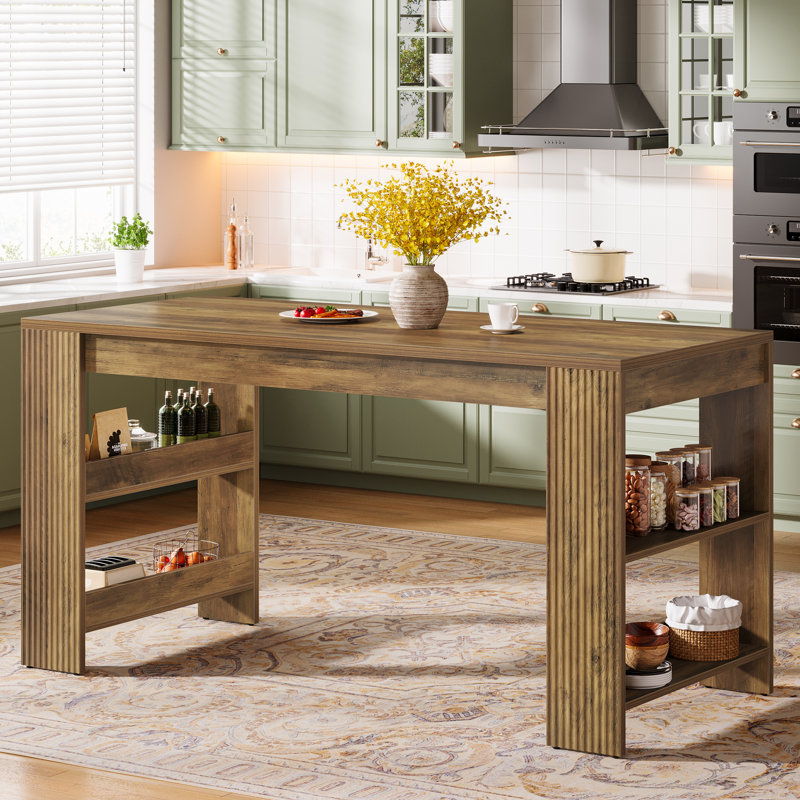 63-inch Kitchen Island With Storage, Farmhouse Home Bar Table With Double-sided Storage Shelves, Large Stationary Island Table For Kitchen, Dining Room, Living Room (brown)