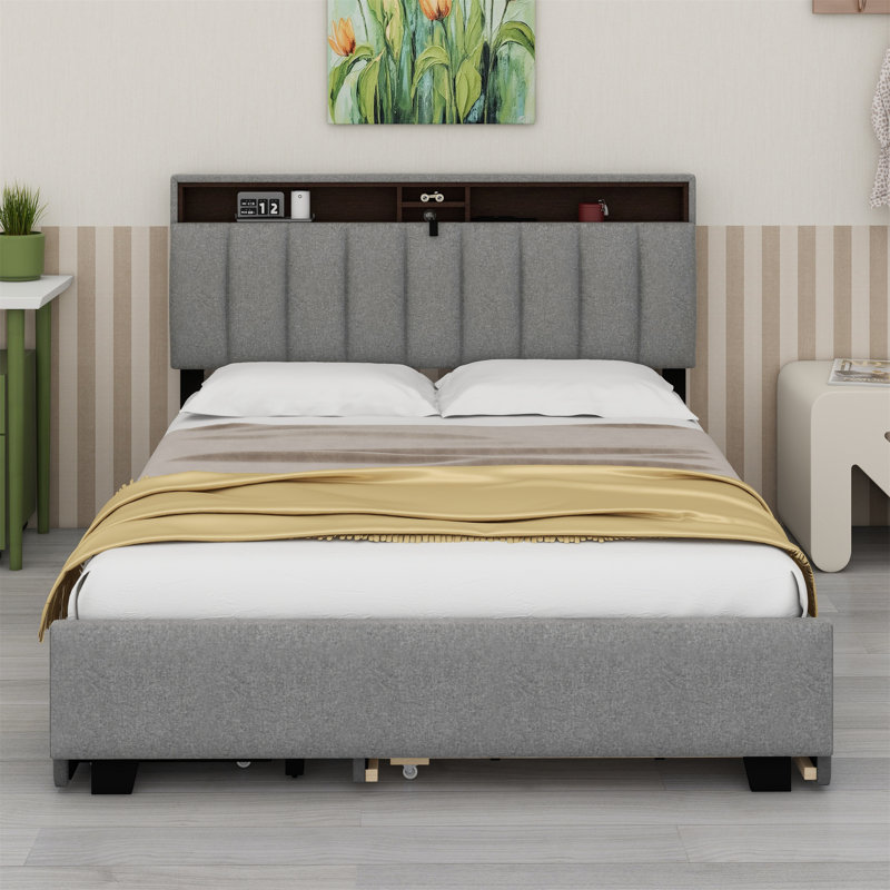 Lit plateforme tapissier avec tête de lit, lit gigogne, tiroirs et ensemble de prises et ports USB, Gris