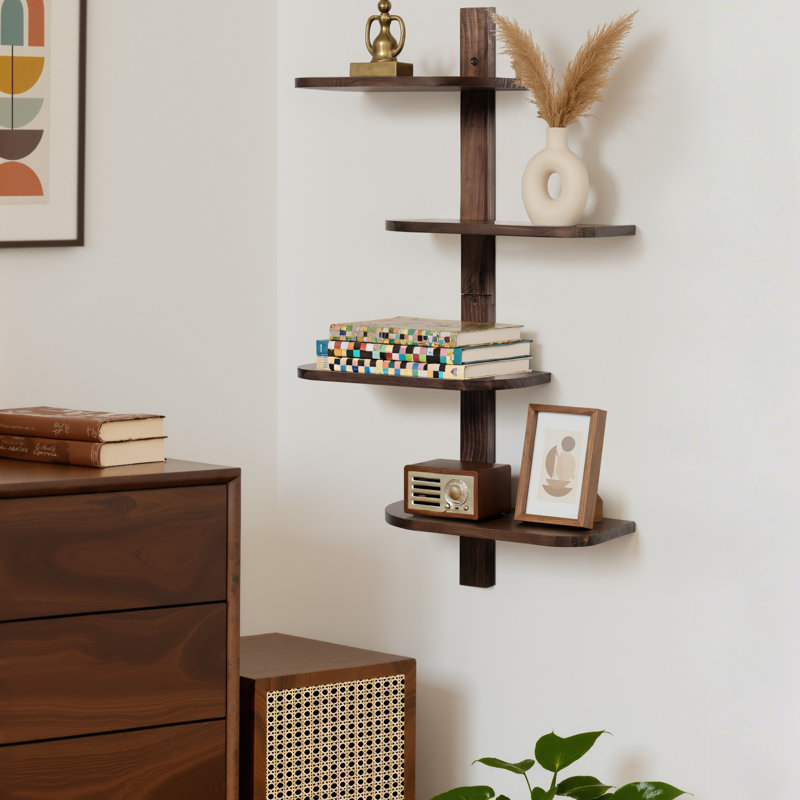 Tablette flottante en noyer avec tablettes Mid-Century, Noyer