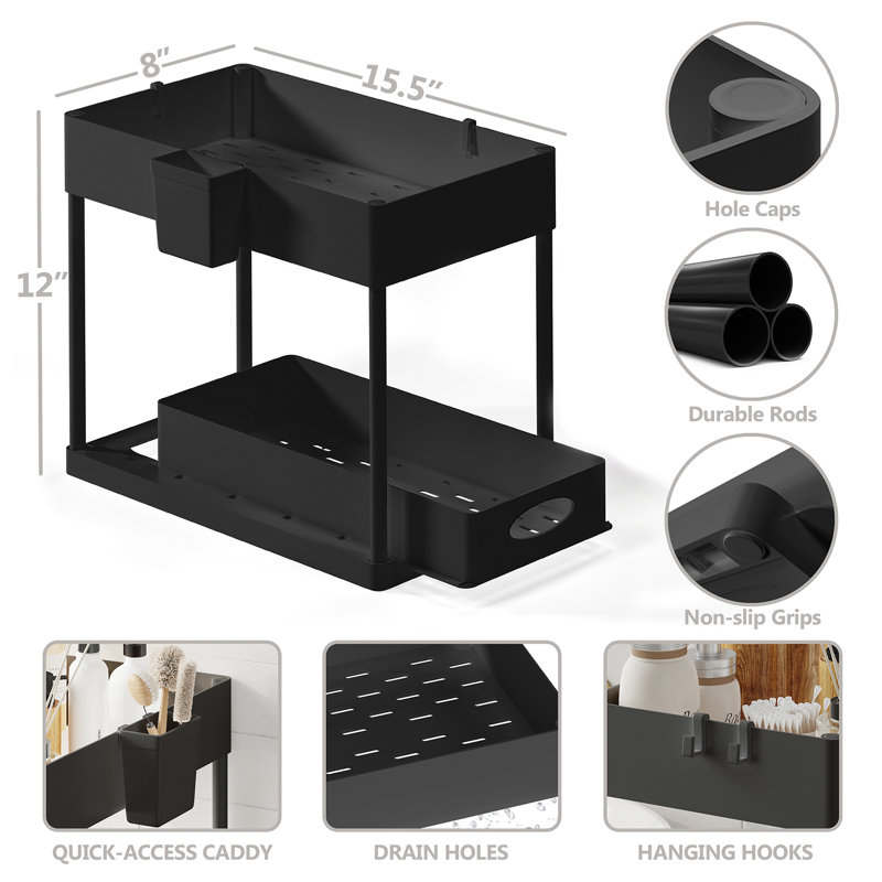 StorageBud 2 Tier Non-Slip Grip Under Sink Organizer with Utility Hooks, Side Caddy & Sliding Drawer, Black