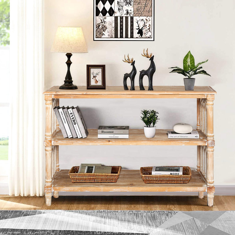 Console rustique à 3 niveaux de 122 cm de long, idéale pour l'entrée, le corridor et le salon. Conception polyvalente, adaptée à plusieurs espaces, en bois, avec beaucoup d'espace de rangement.