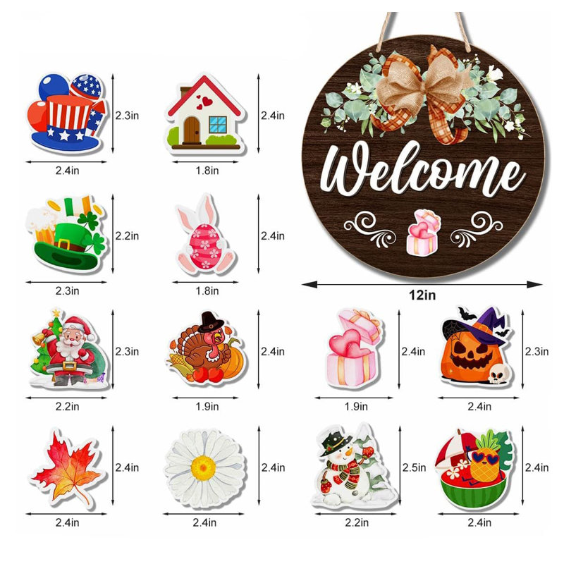 12" Rustic Interchangeable Welcome Wreath Sign, All Season Valentine's Day Front Door Porch Decor