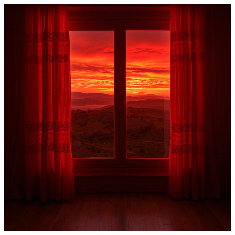 Coucher de soleil rouge à travers les housses de couette de fenêtre, Grand lit