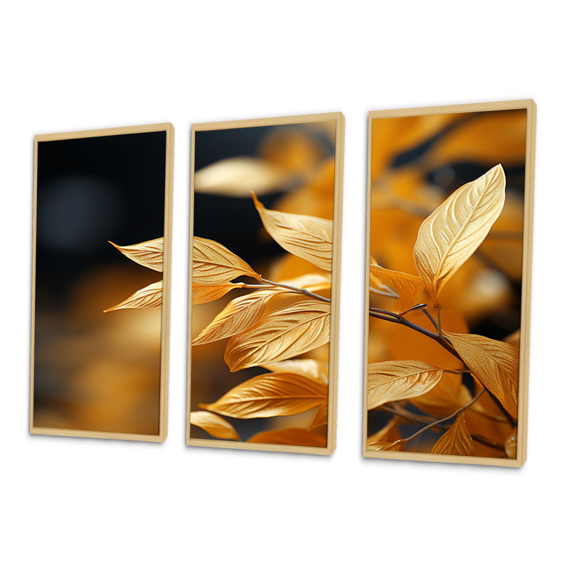 Feuilles d'or - ensemble d'art mural feuilles, H 40 po x l 60 po x P 1 po, Cadre naturel flottant