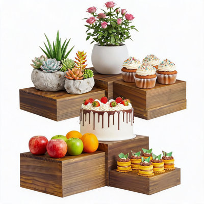 Ensemble de 6 présentoirs à gâteaux en bois, supports gigognes, fini brun rustique, dimensions de 28 x 28 cm à 15 x 15 cm, pour les fêtes.