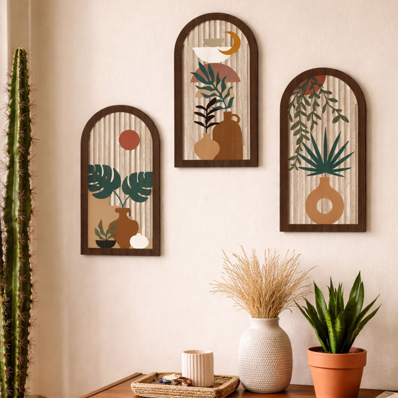 Boho Wooden Wall Art Set of 3, Abstract Botanical Decor with Leaf and Sun Design, Minimalist Terracotta Wall Panels for Living Room, Bedroom and Office