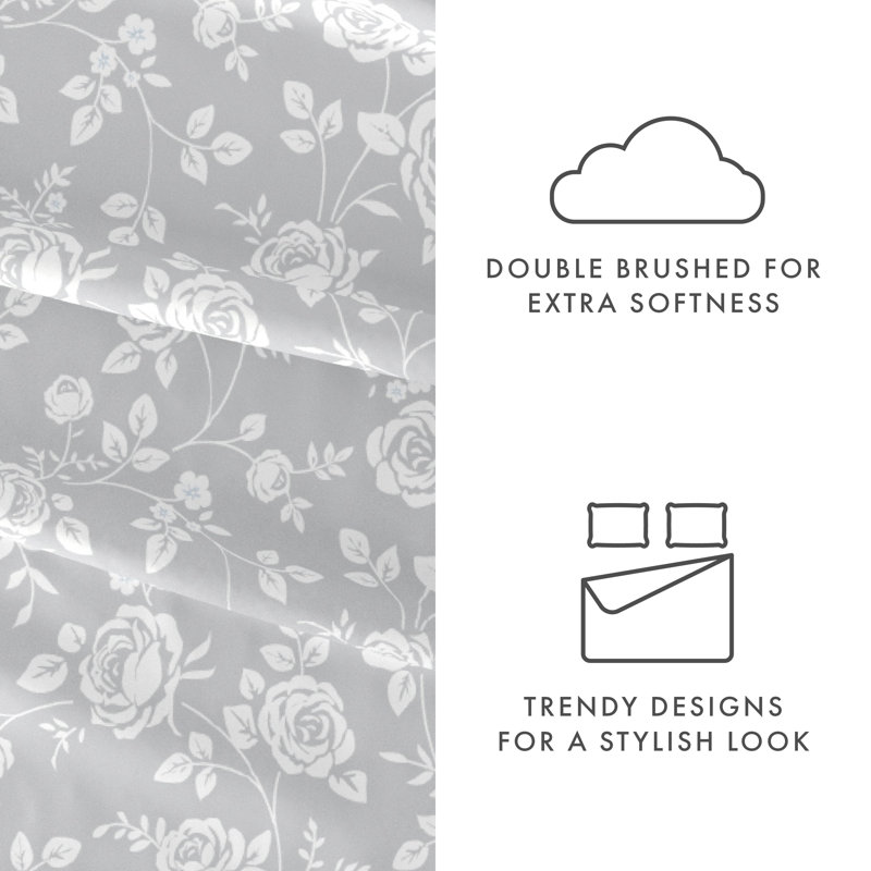 Gray Floral Print Microfiber Queen Sheet Set