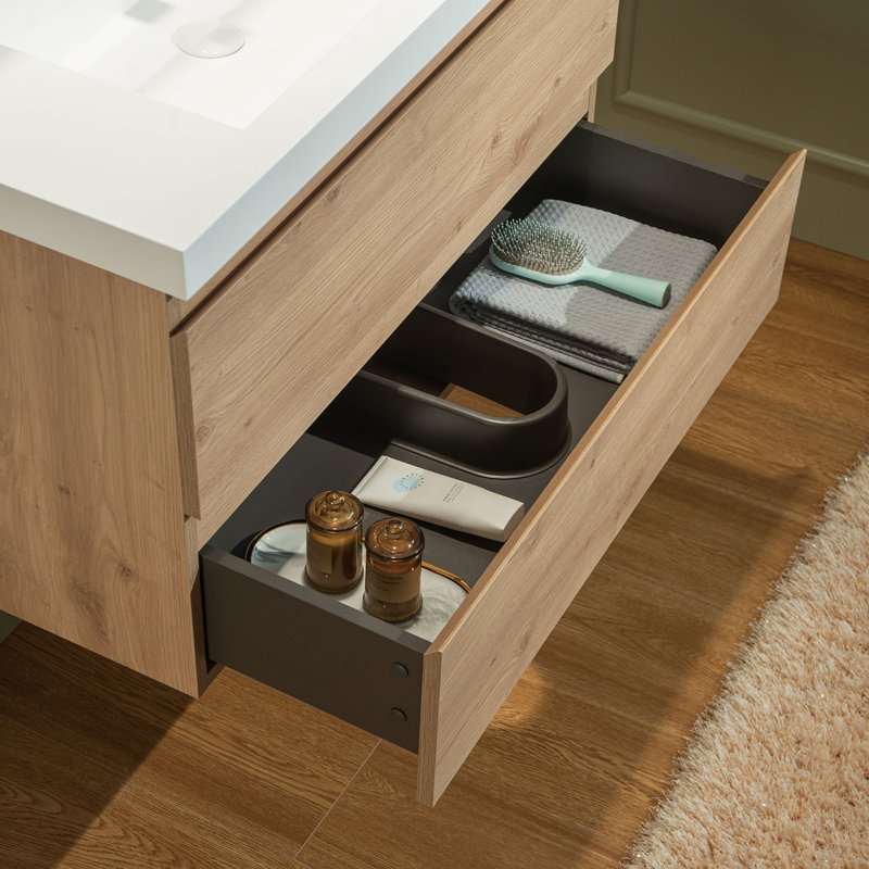 36" Wall Mounted Floating Vanity with Resin Composite Vanity Top, White, Nature Oak, 36"