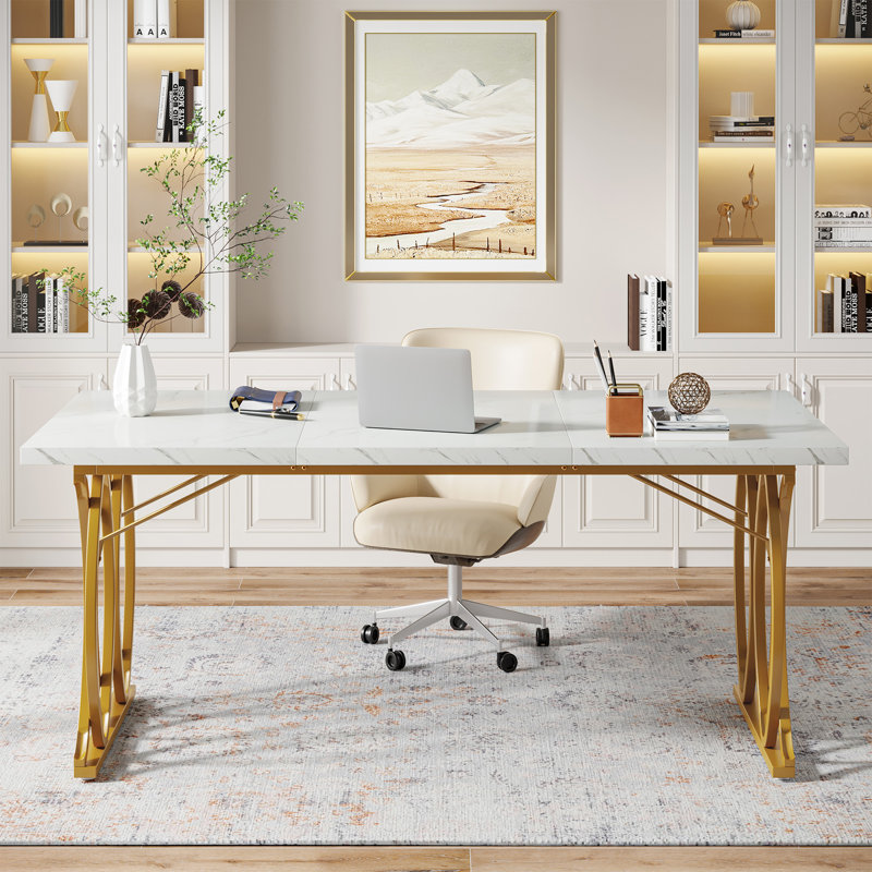 Executive Desk, 63" W Large Computer Desk, White Marble, Gold
