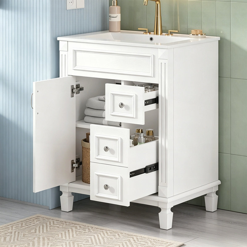 Meuble-lavabo 24 po avec lavabo en céramique, conception compacte, 2 tiroirs et tablette réglable pour les petits espaces