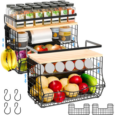 Magnetic Shelf For Fridge With Wood Lid, Fruit Potato And Onion Storage Bins, Kitchen Large Container Magnetic Spice Rack For Refrigerator, Kitchen Counter, Tools, Snack (BLACK, 2 Pack)