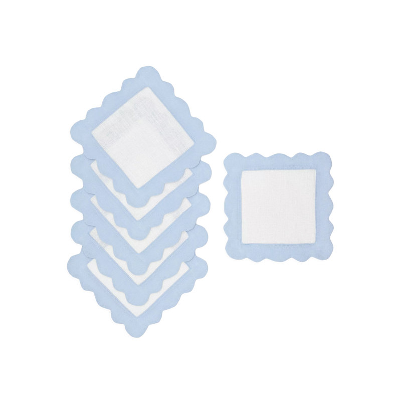 Sunflower Scallop Cocktail Napkin, White/Ice Blue