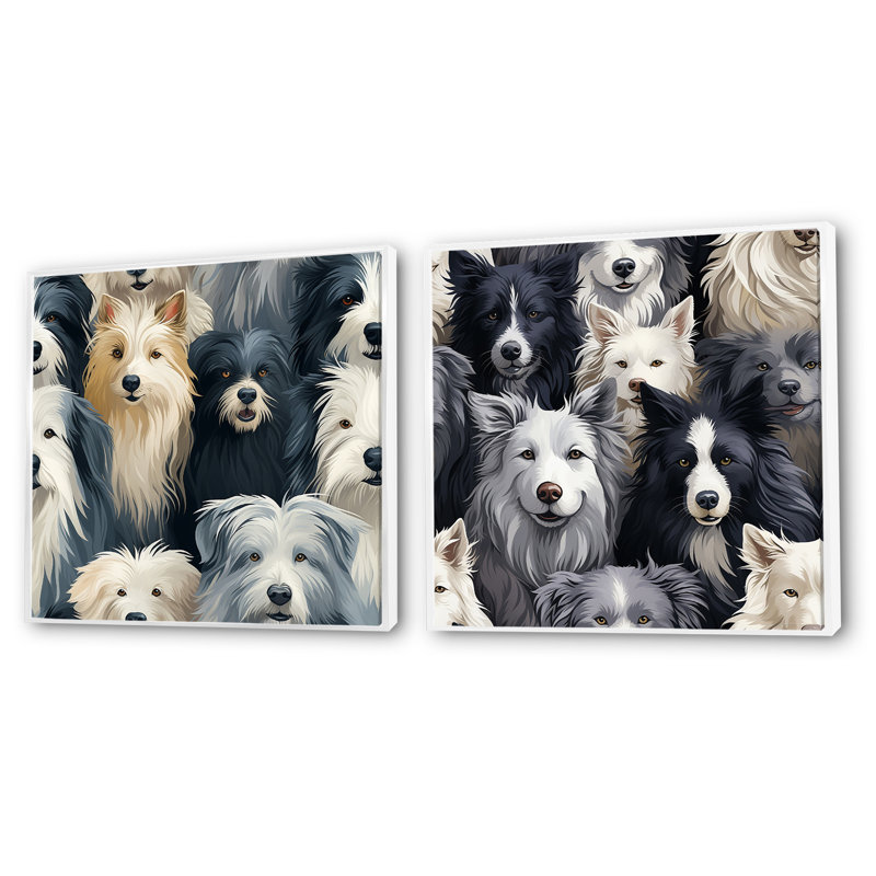 Motif de chien de berger à poil long pour chambre d'enfant - ensemble de 2 animaux carrés, Cadre flottant blanc