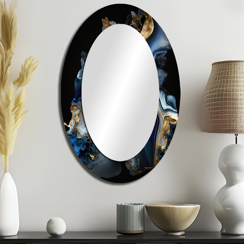 Abstrait géométrique marbre bleu II - décor de miroir mural ovale bleu, 36 po x 24 po