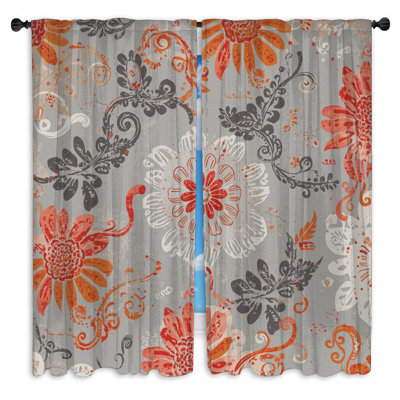 Rideaux obscurcissant à motif floral orange et gris à motif floral - 2 panneaux