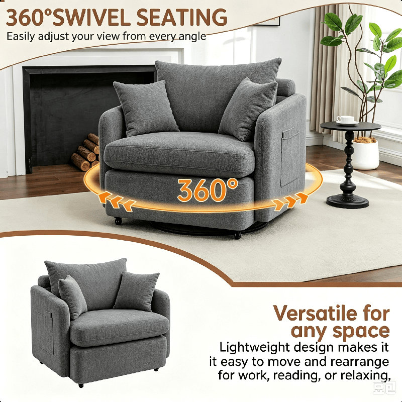 Modern 46.1" Swivel Chair Oversized Single Sofa Armchairs With 3 Pillows, Gray