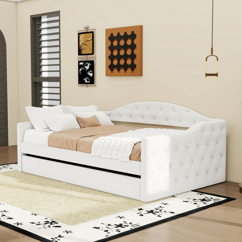 Twin Size Velvet Daybed with USB Charging Ports and Twin Trundle, Beige