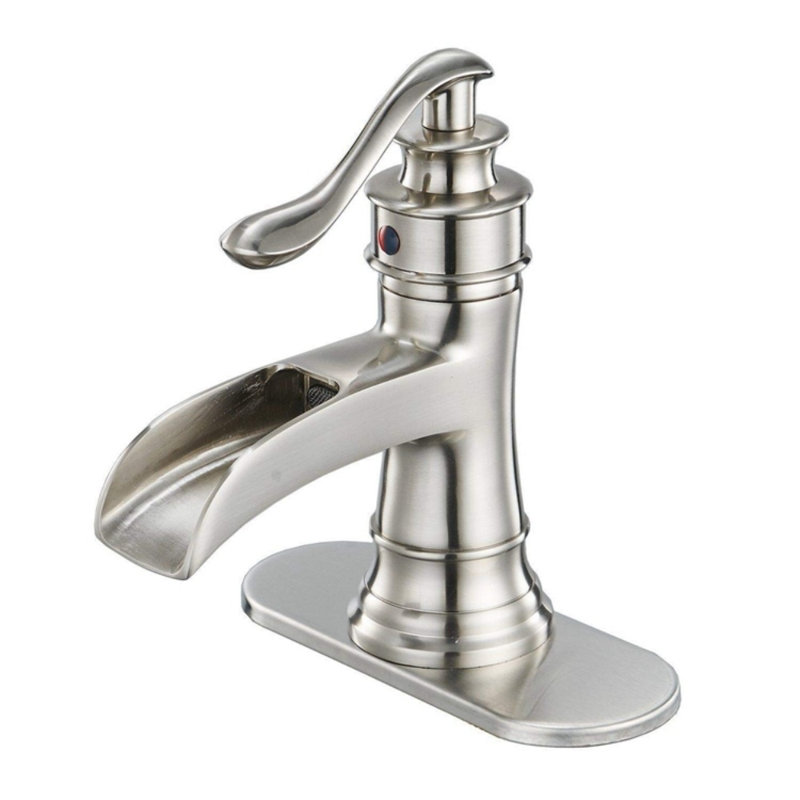 Brushed Nickel Single Hole 1-Handle Watersense Waterfall Commercial/Residential Handle Bathroom Sink Faucet With Drain With Deck Plate