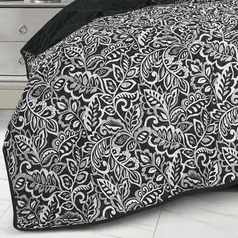Ensemble de couvre-lit en microfibre 3 pièces, Couvre-lit très grand / couvre-lit + 2 taies déc, Noir / blanc oasis