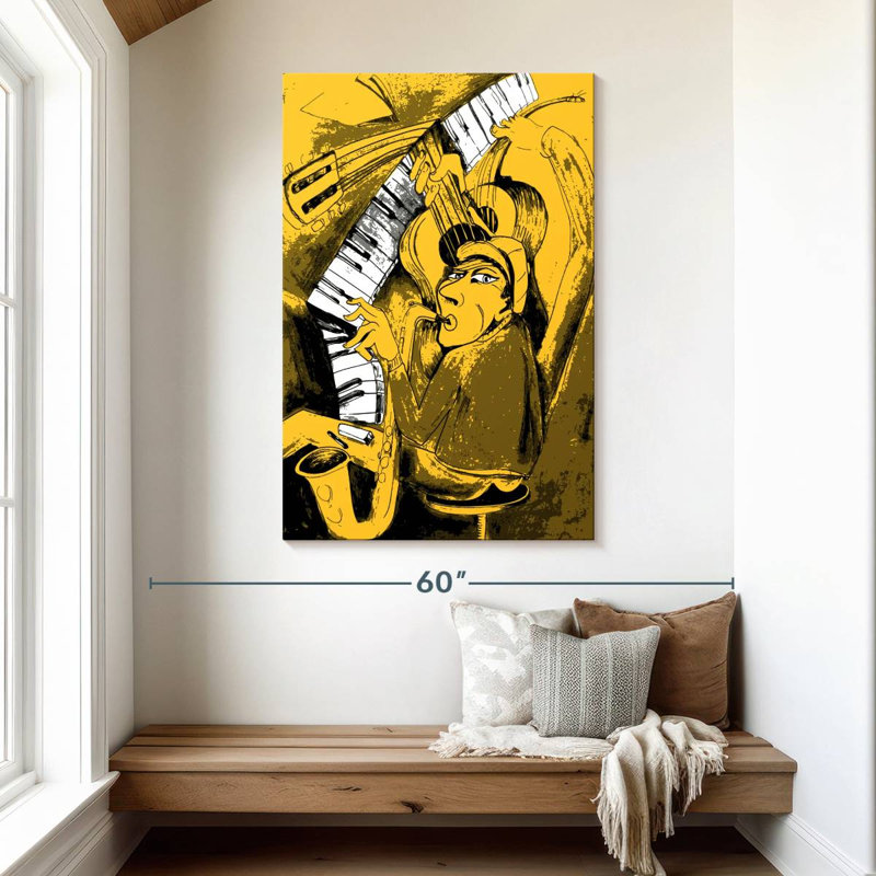 Caricature de musicien de jazz Abarca, H 48 po x l 32 po