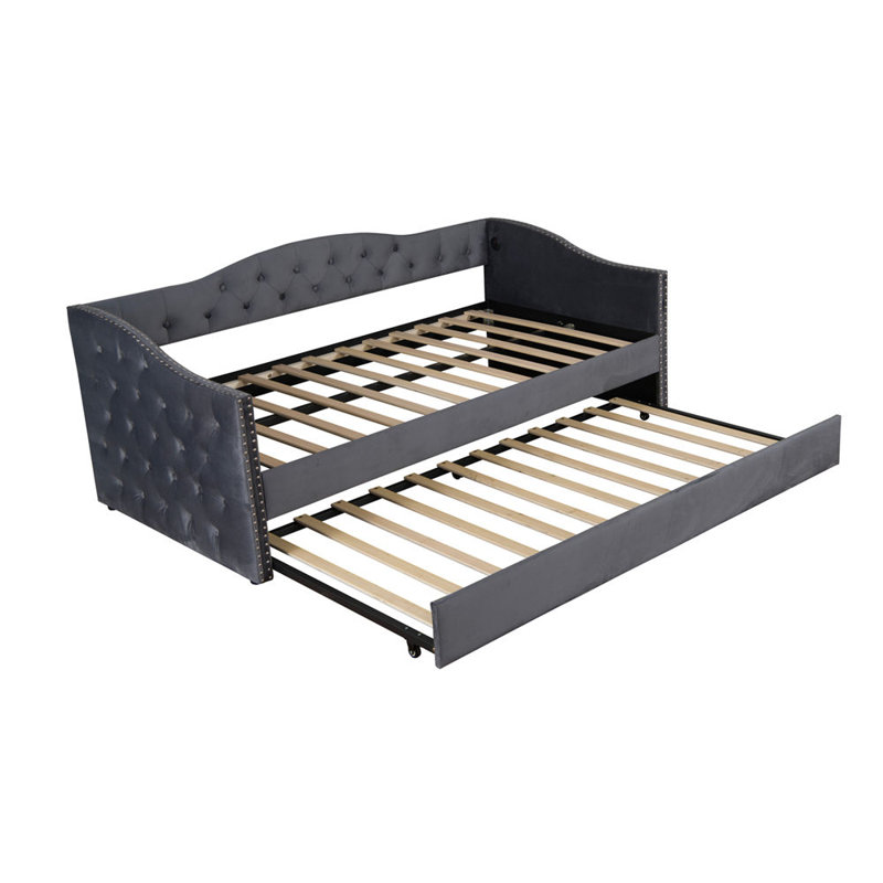 Twin Size Upholstered Daybed with Trundle and USB Charging Design, Sturdy Wood Slat Support, Wood Bed Frame for Bedroom/Guestroom/Dorm,Plush Velvet Fabric