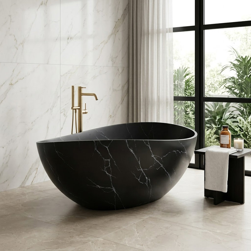 Baignoire autoportante en forme de vague de 63 po, baignoire de trempage à surface solide avec finition d'aspect marbre