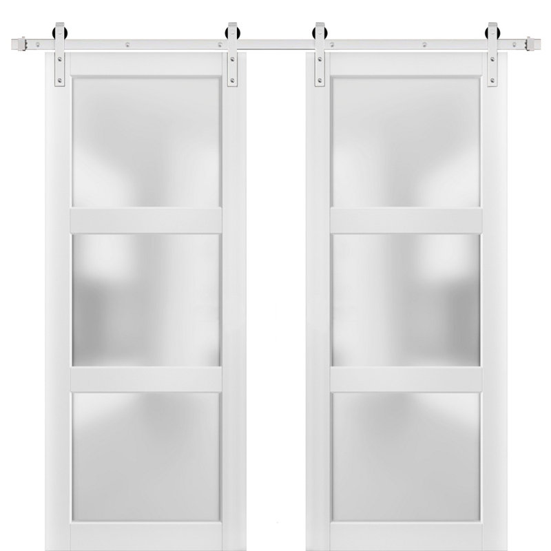 Portes de grange coulissantes doubles avec quincaillerie | Lucia 2552 soie blanche avec verre opaque | Ensemble de rail robuste 13 pi | Porte de salle de bain à panneau en bois massif Kitchen Lite - Verre givré - Rail argenté
