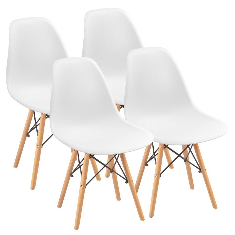 White Armless Dining Side Chairs with Beech Wood Legs (Set of 4)