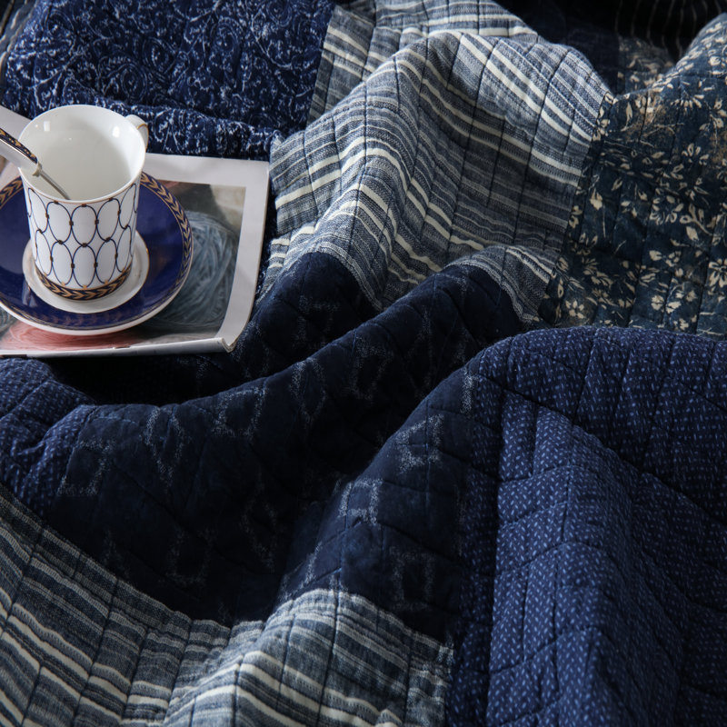 Ensemble de courtepointe réversible 100% coton à motif floral, Bleu, Édredon très grand et 2 très grandes taies déc