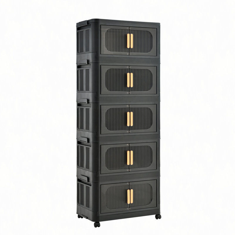 20" Side Wide Folding Storage Cabinet ,5 Tiers,19.69"×11.81"×50.00",Collapsible Storage Bins With Magnetic Door, Plastic Storage Cabinet With Wheels